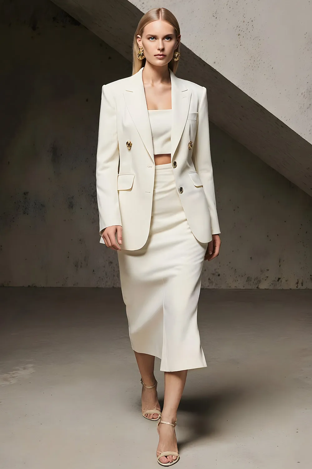Ivory 2 Piece Peak Lapel Pencil Midi Business Suits sold by Zapaka