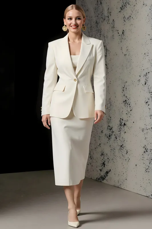 Ivory 2 Piece Ivory Peak Lapel Pencil Midi Business Suits sold by Zapaka