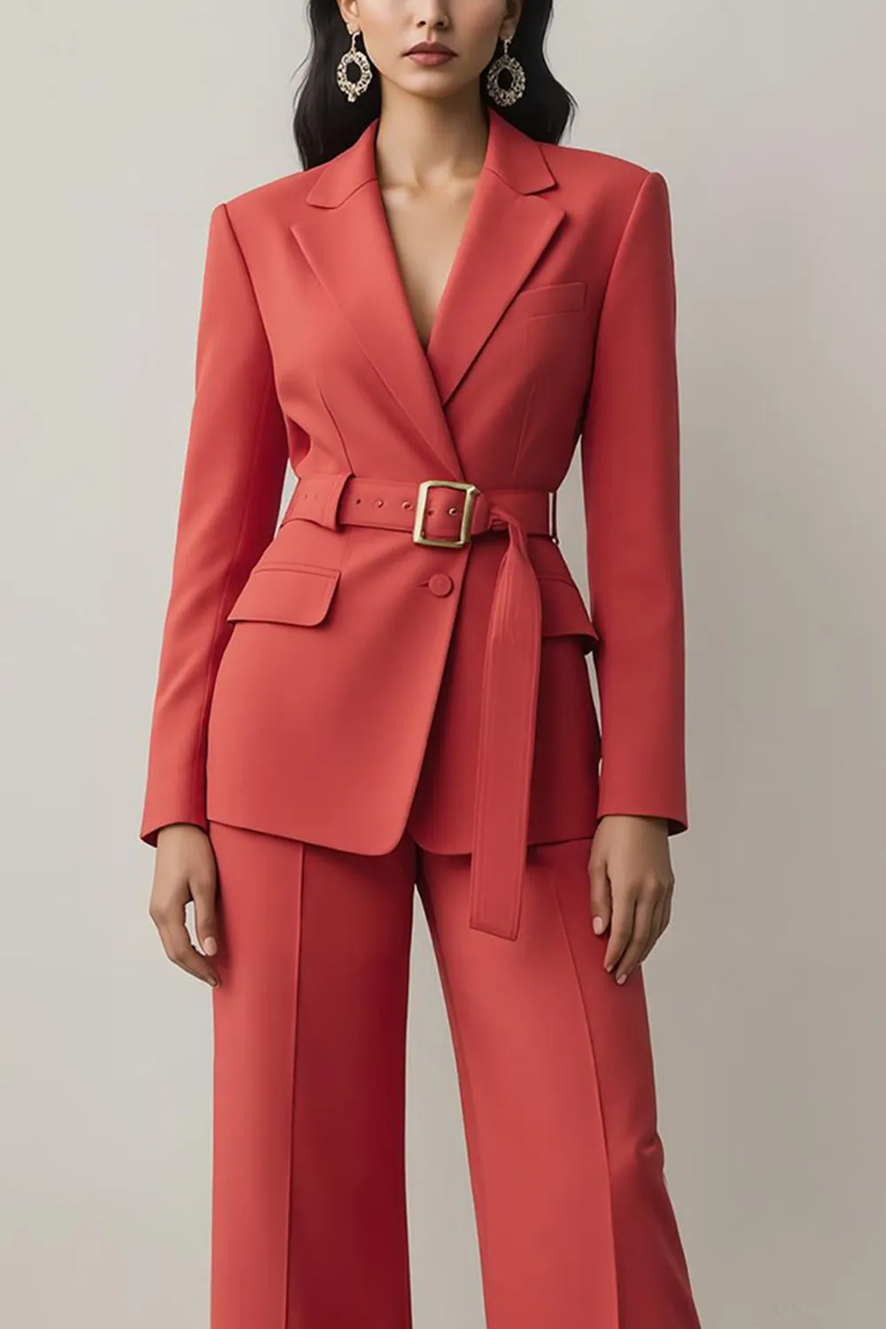 Red Notched Lapel 2 Piece Women Suits with Belt sold by Zapaka product image thumbnail 3