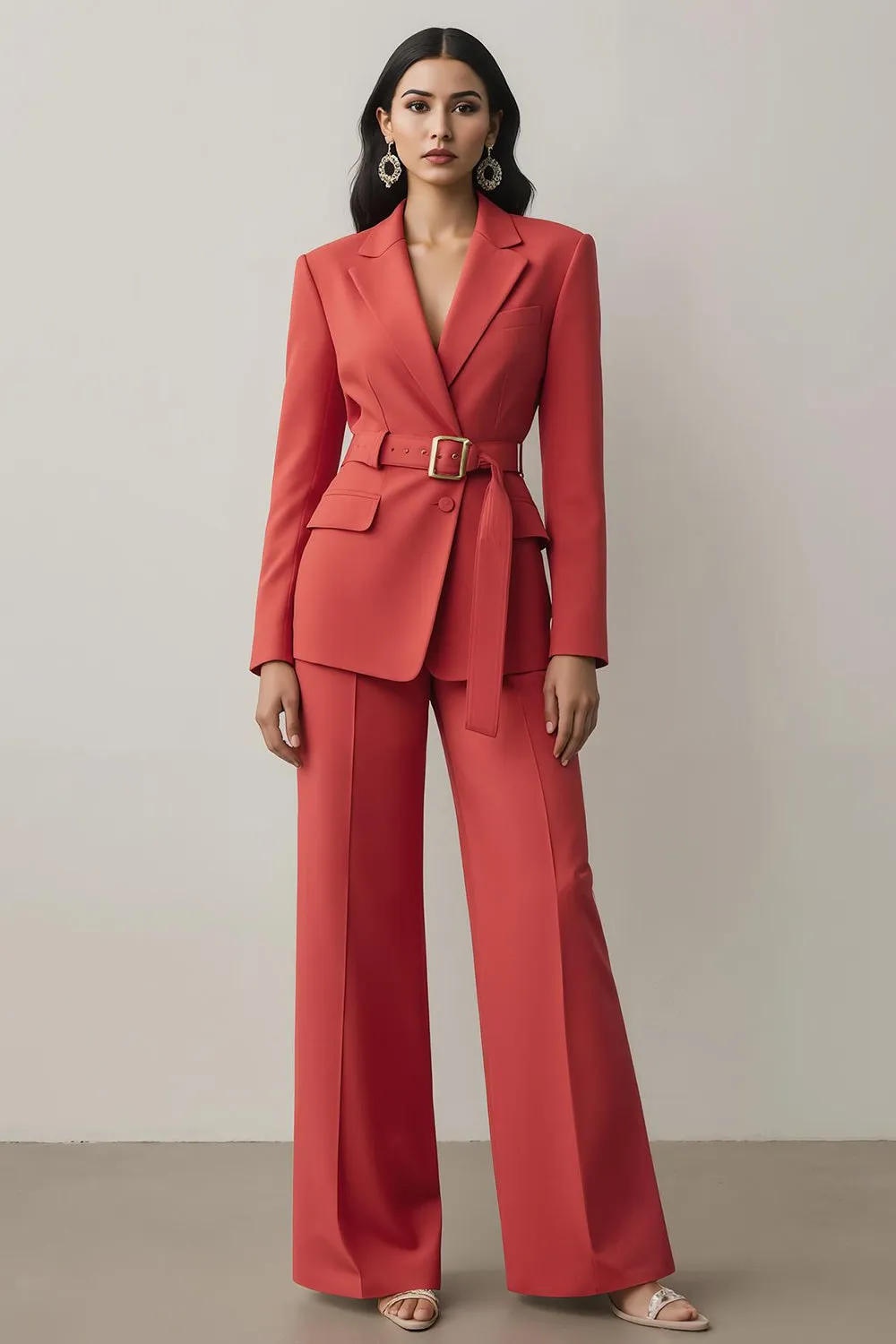 Red Notched Lapel 2 Piece Women Suits with Belt sold by Zapaka