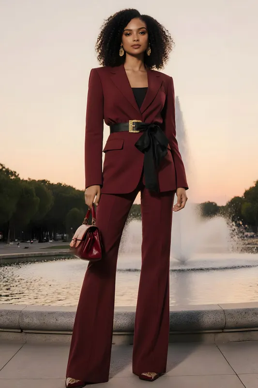 Burgundy Notched Lapel 2 Piece Women Suits with Belt sold by Zapaka
