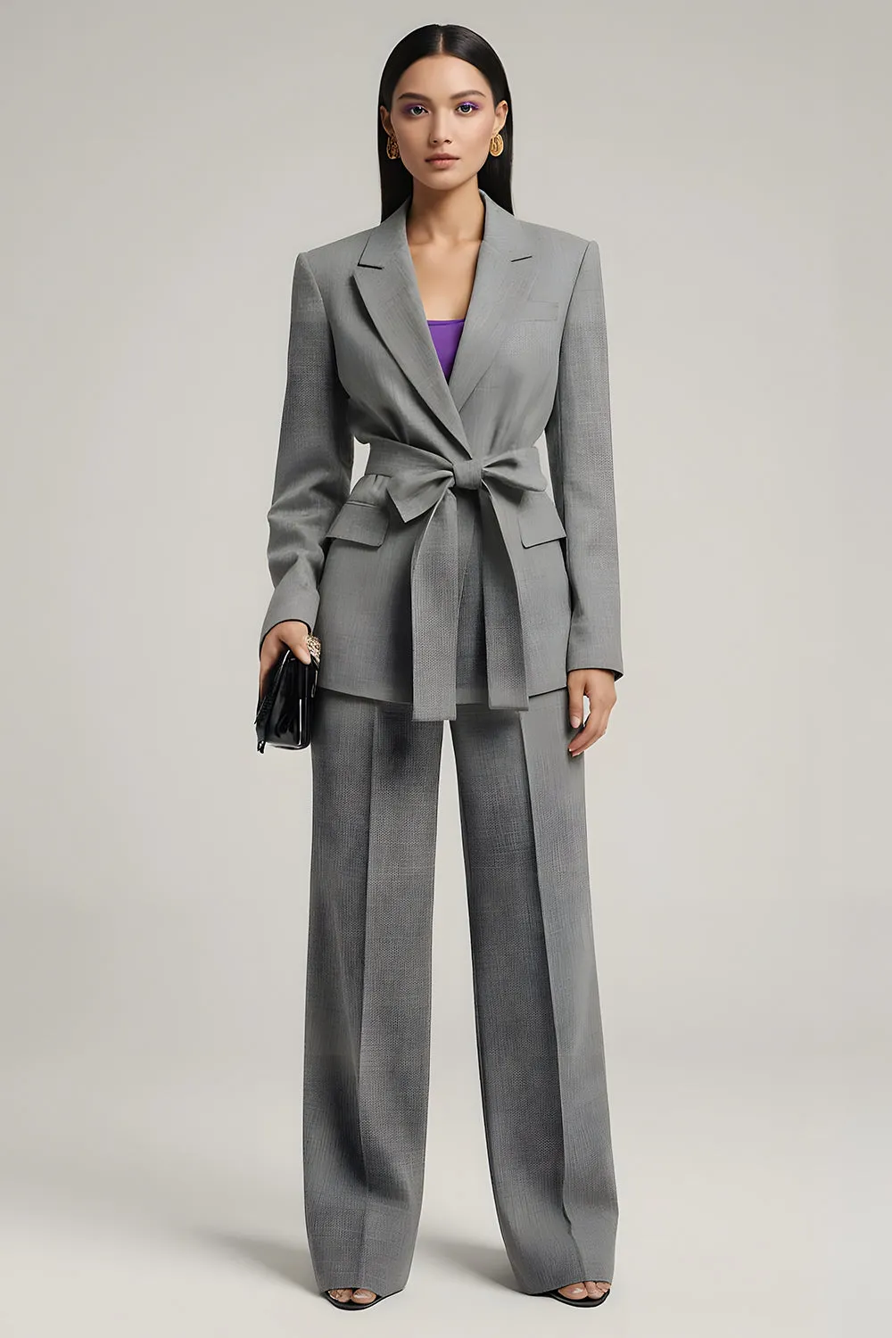 Grey Peak Lapel 2 Piece Women Suits with Bowknot sold by Zapaka