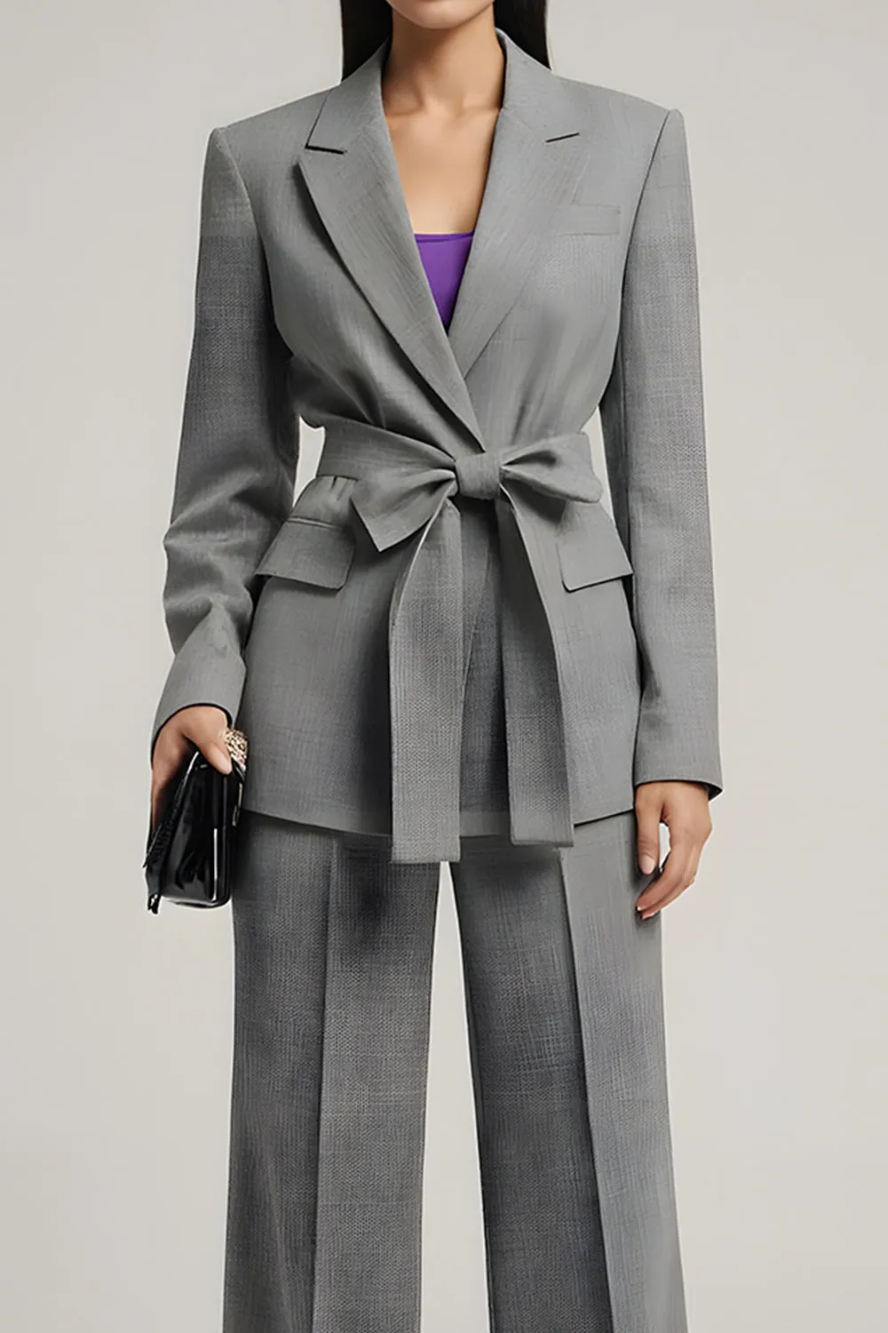 Grey Peak Lapel 2 Piece Women Suits with Bowknot sold by Zapaka product image thumbnail 3