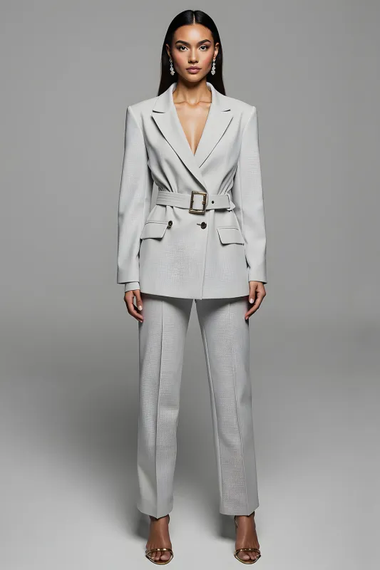 Grey Notched Lapel Belt 2 Piece Women Suits with Sleeve sold by Zapaka