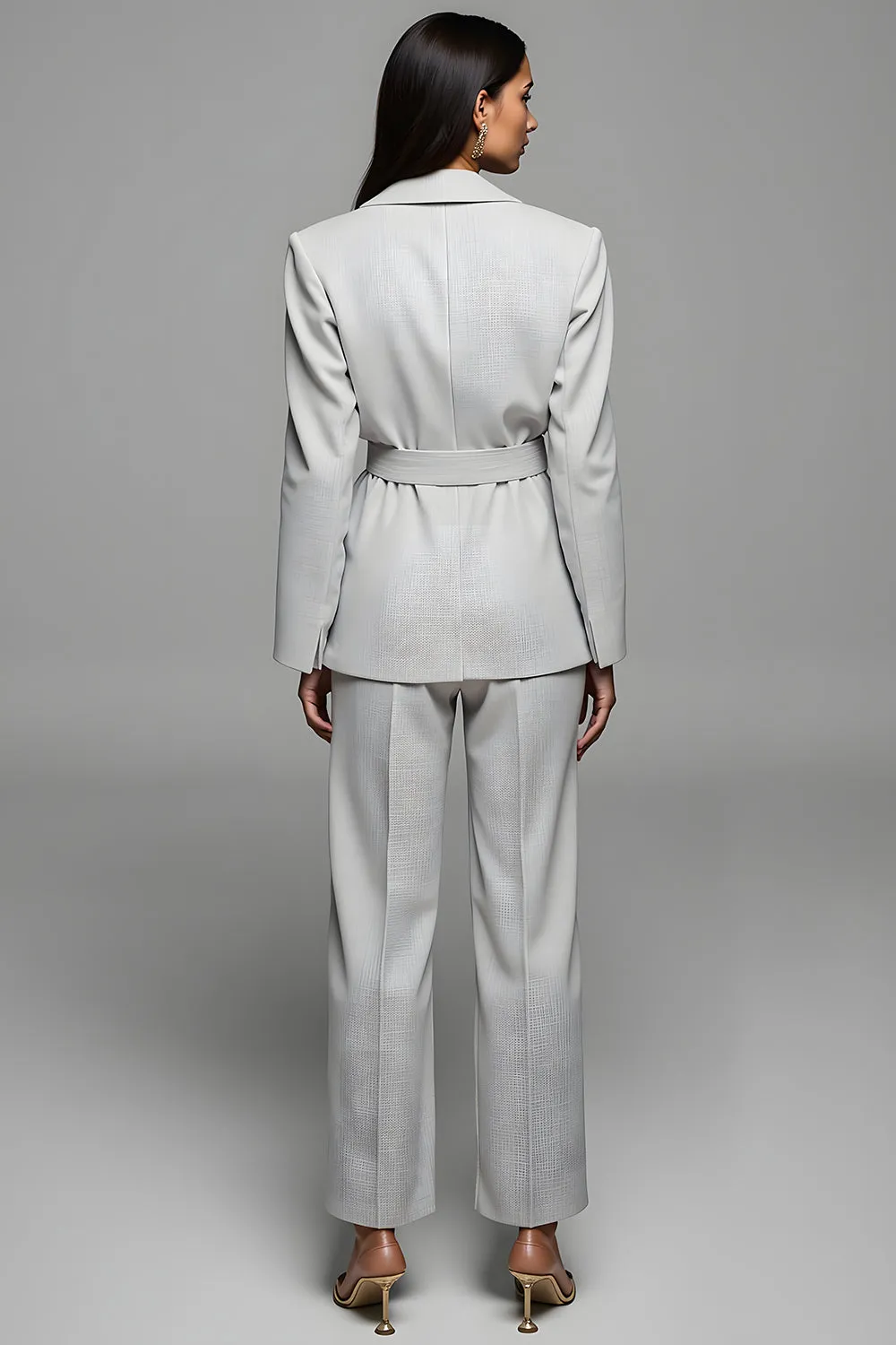 Grey Notched Lapel Belt 2 Piece Women Suits with Sleeve sold by Zapaka product image thumbnail 2