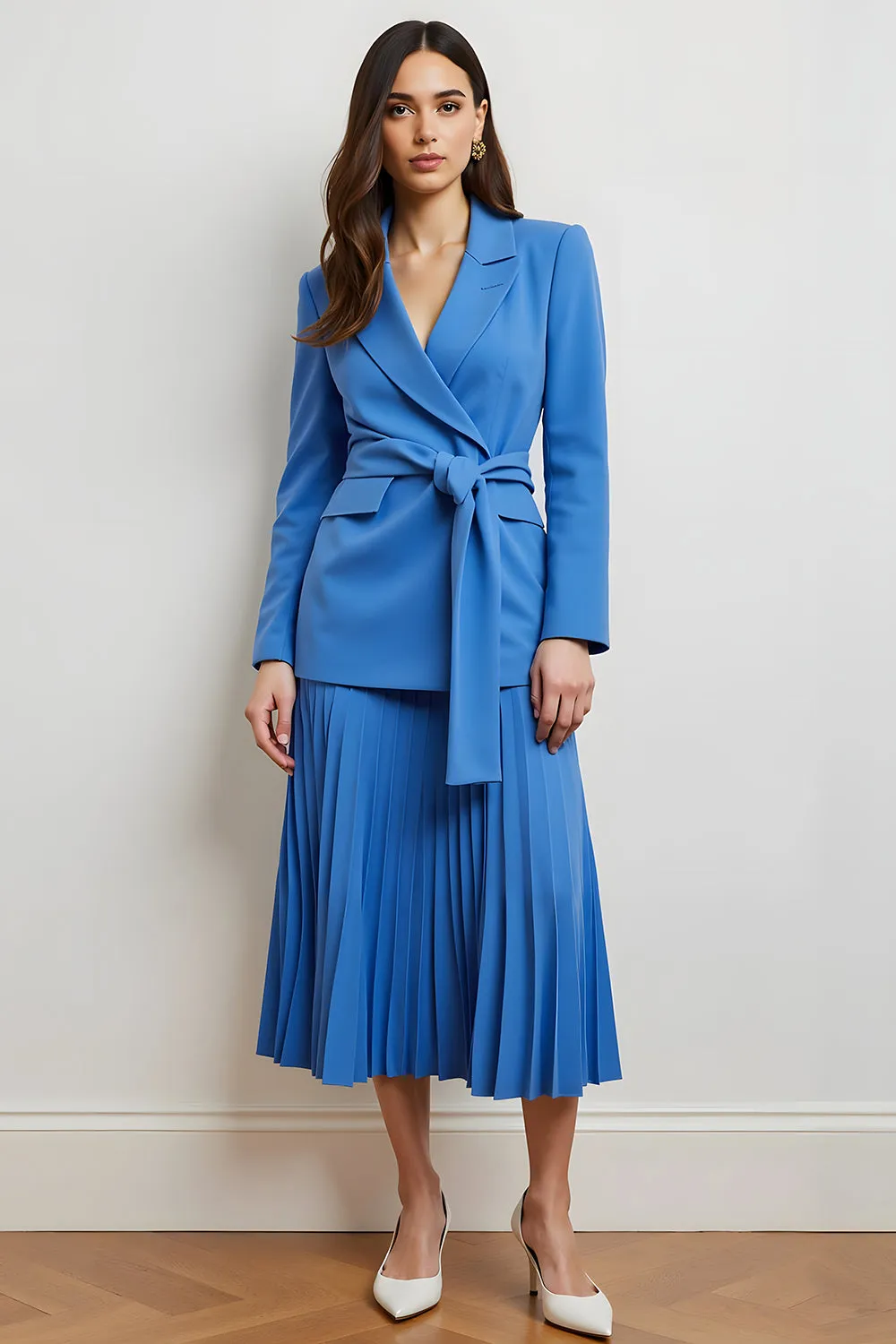 Blue Peak Lapel Pleated A Line Women Suits with Belt sold by Zapaka