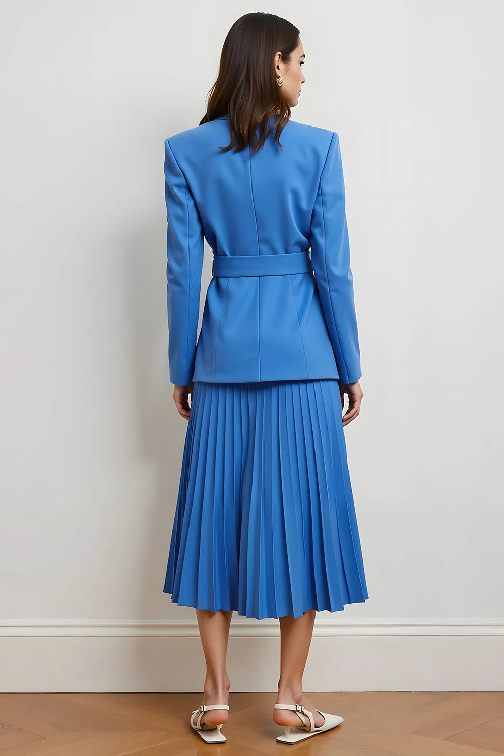 Blue Peak Lapel Pleated A Line Women Suits with Belt sold by Zapaka product image thumbnail 2
