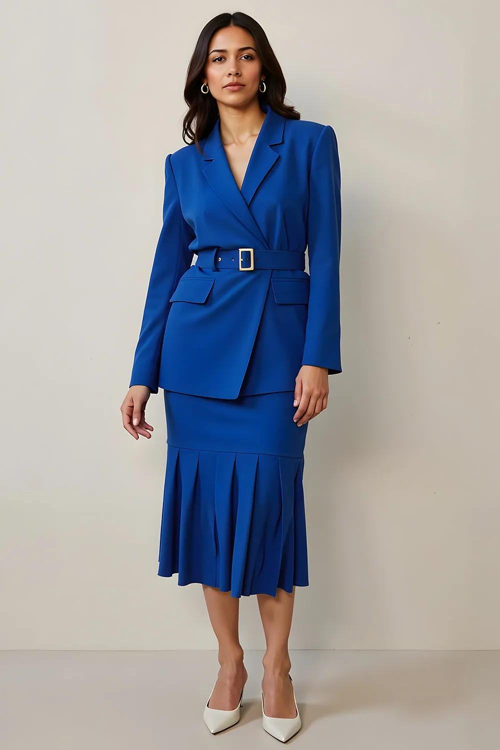 Royal Blue Ruffled Notched Lapel 2 Piece Women Suits with Belt sold by Zapaka
