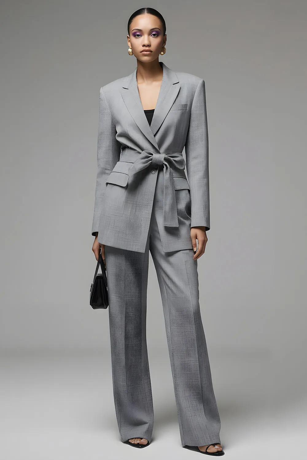 Grey Notched Lapel 2 Piece Women Suits with Bowknot sold by Zapaka