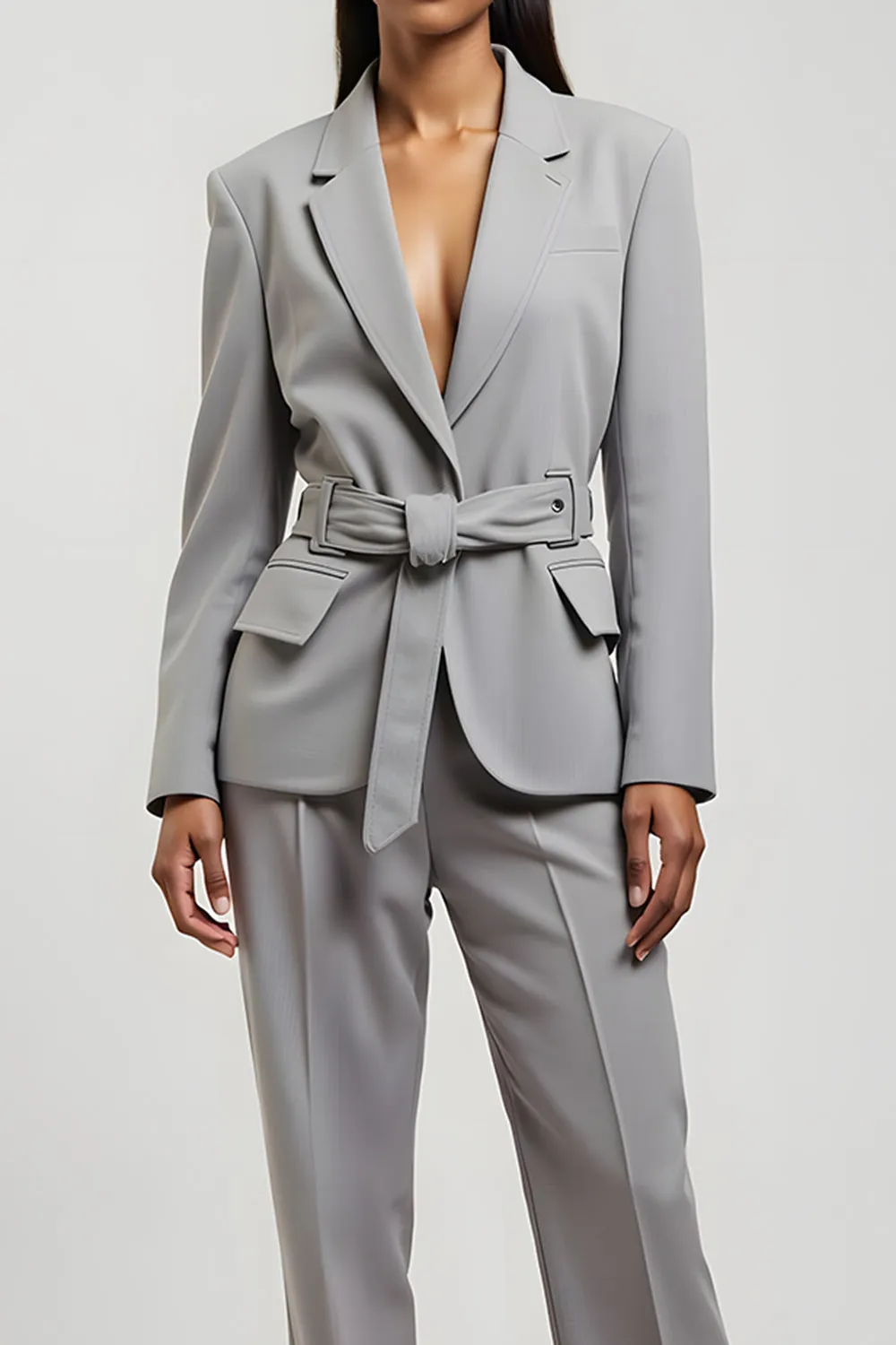 Grey Notched Lapel V Neck 2 Piece Women Suits with Pockets sold by Zapaka product image thumbnail 3