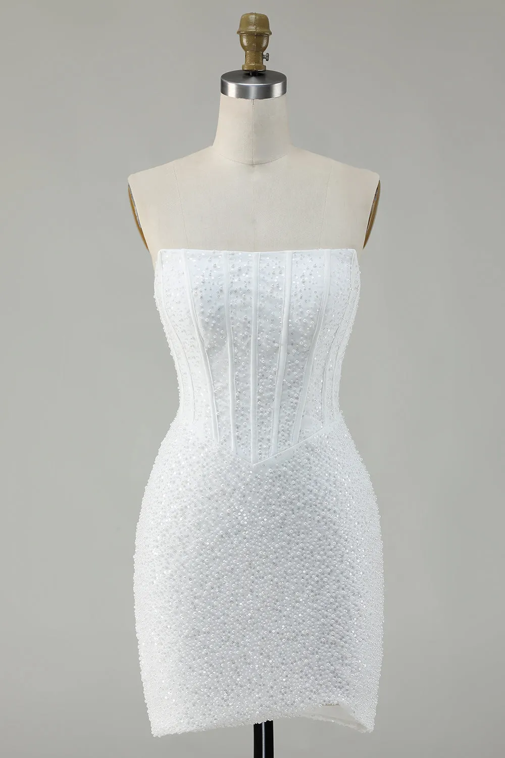 White Strapless Corset Short Bodycon Homecoming Dress with Sequins sold by Zapaka