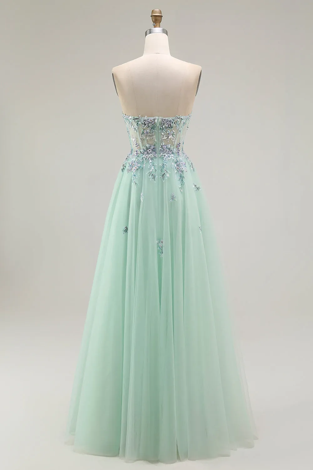 Green A-Line Strapless Tulle Sheer Corset Long Prom Dress with Appliques sold by Zapaka product image thumbnail 2