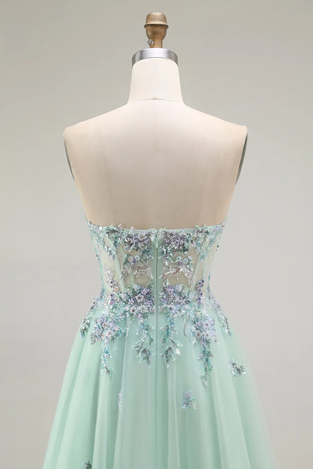 Green A-Line Strapless Tulle Sheer Corset Long Prom Dress with Appliques sold by Zapaka product image thumbnail 5