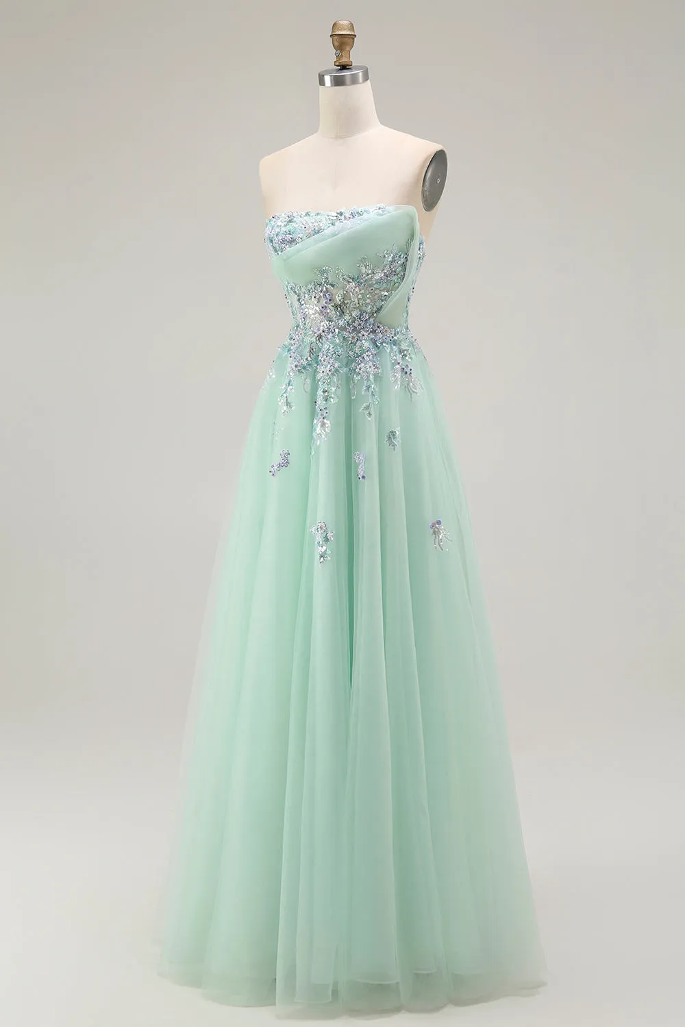 Green A-Line Strapless Tulle Sheer Corset Long Prom Dress with Appliques sold by Zapaka product image thumbnail 3