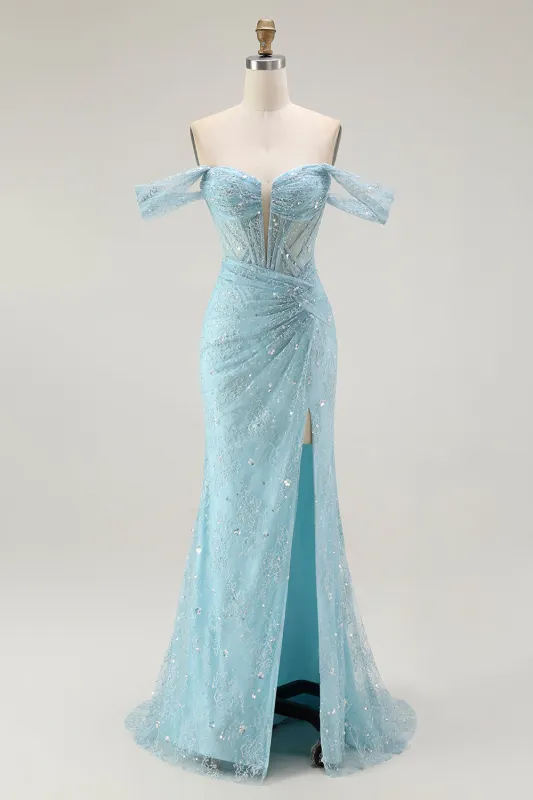 Blue Mermaid Off The Shoulder Beaded Long Prom Dress with Slit sold by Zapaka