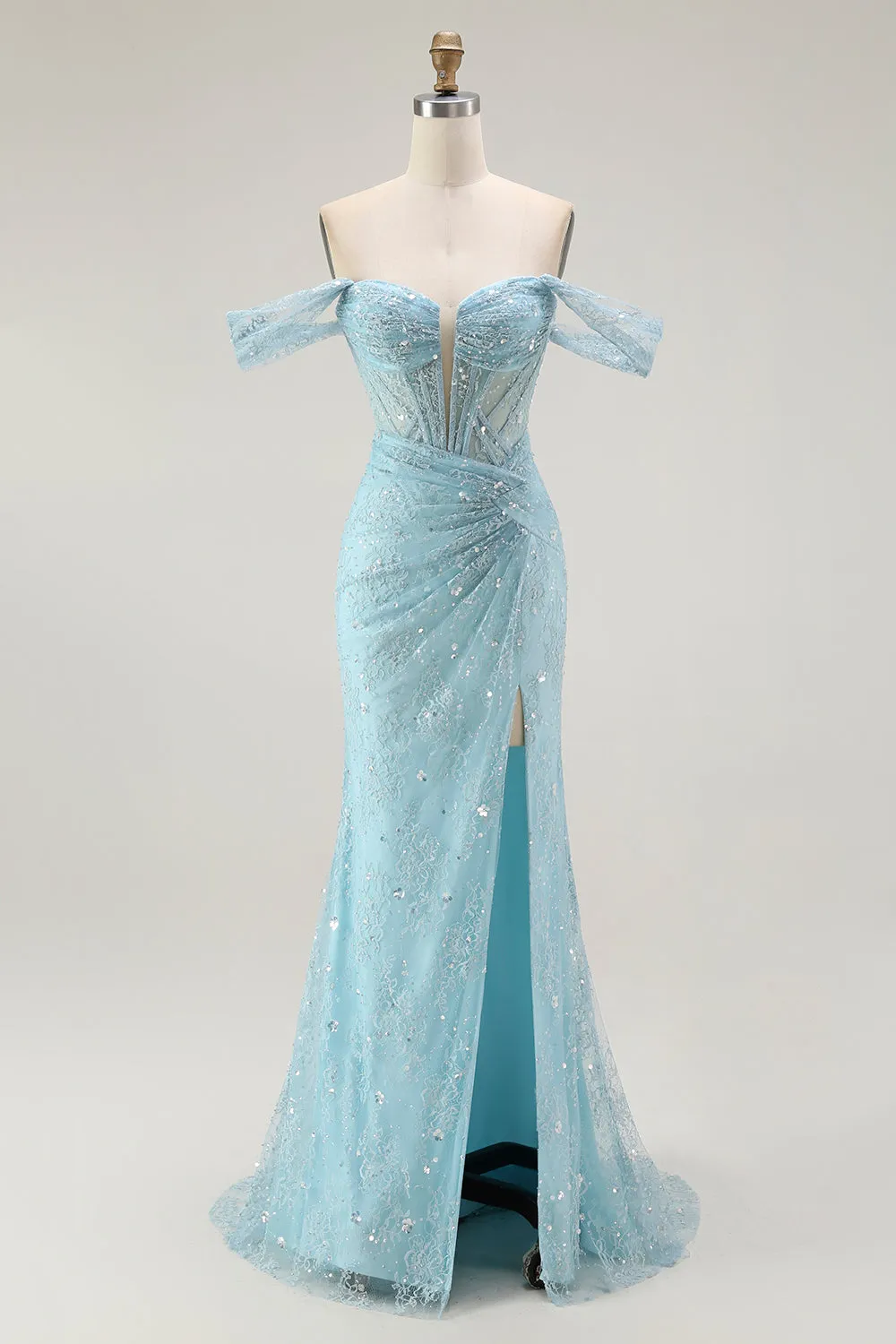 Blue Mermaid Off The Shoulder Beaded Long Prom Dress with Slit sold by Zapaka