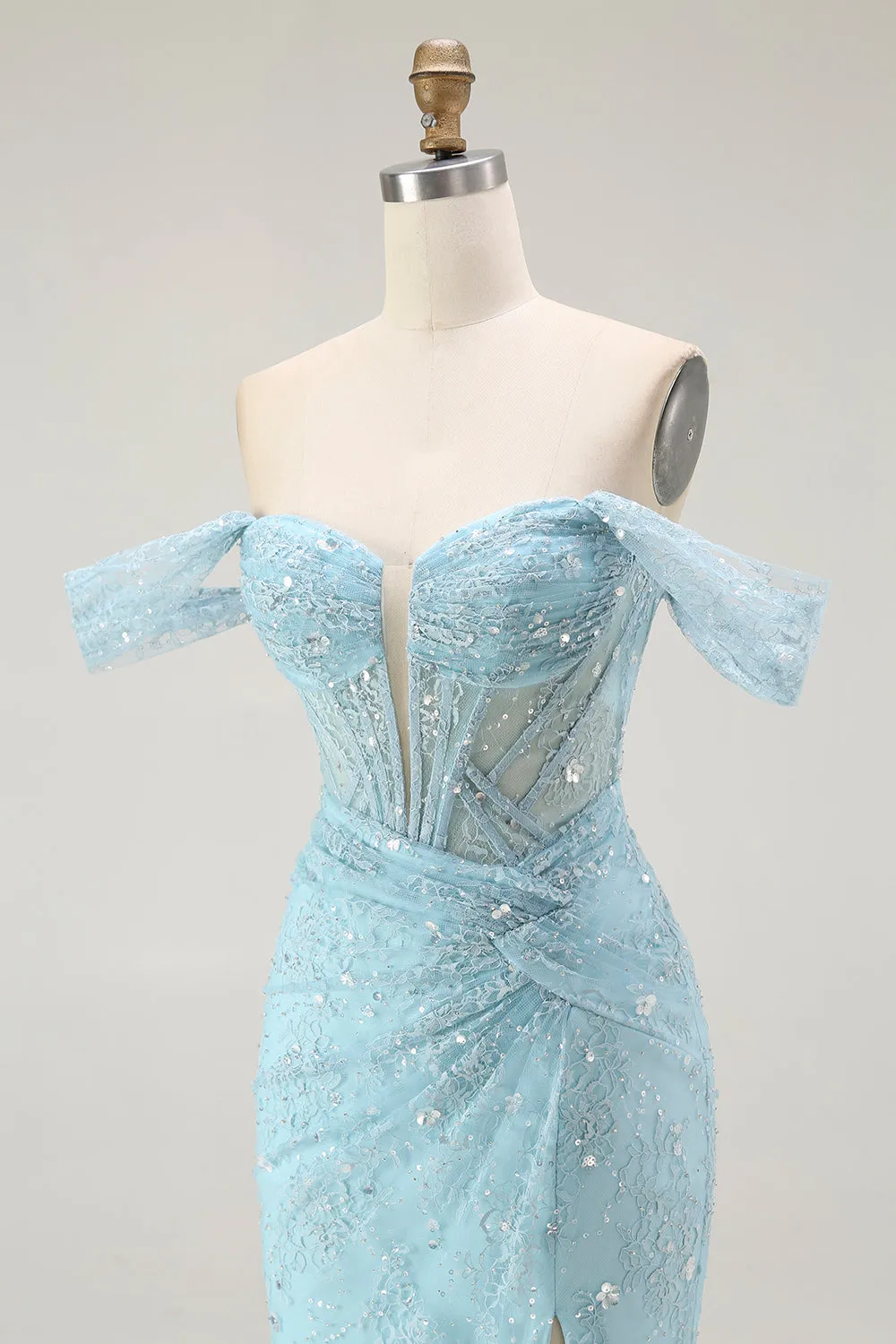 Blue Mermaid Off The Shoulder Beaded Long Prom Dress with Slit sold by Zapaka product image thumbnail 5