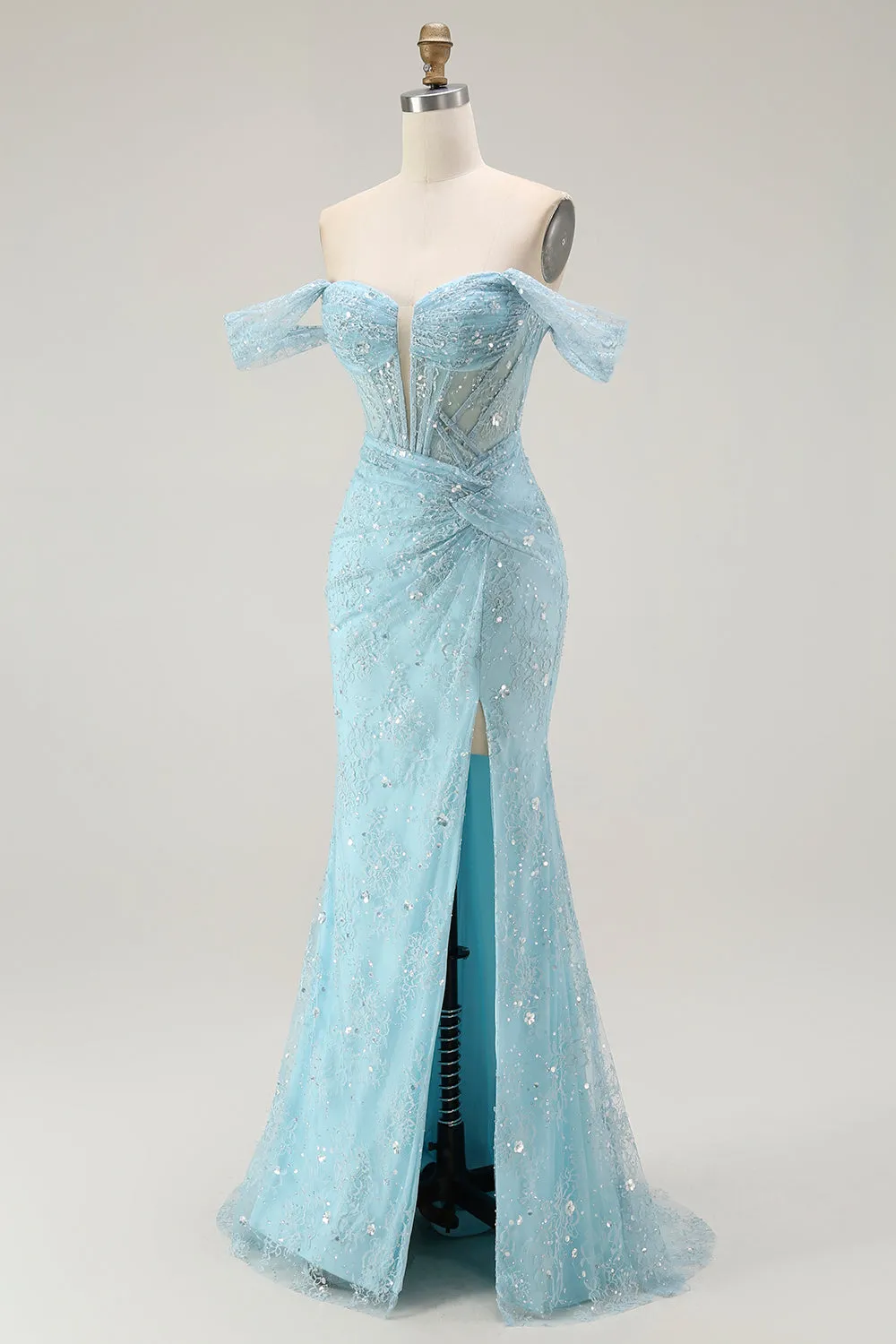 Blue Mermaid Off The Shoulder Beaded Long Prom Dress with Slit sold by Zapaka product image thumbnail 3