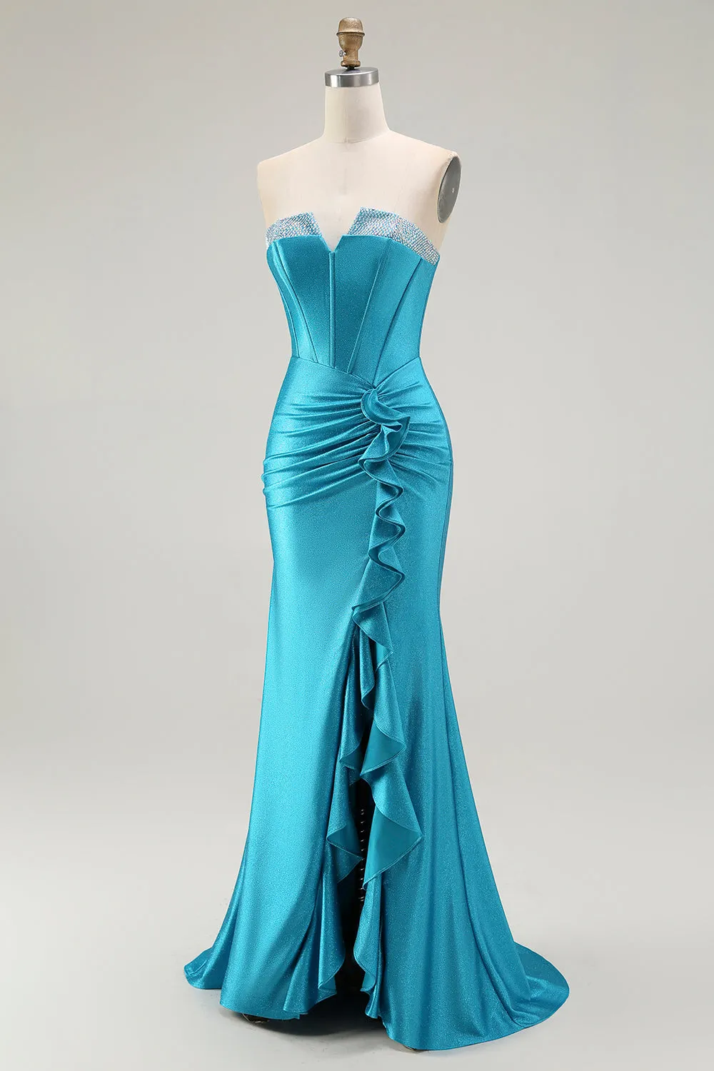 Mermaid Strapless Corset Beaded Blue Prom Dress with Ruffle Slit sold by Zapaka product image thumbnail 3