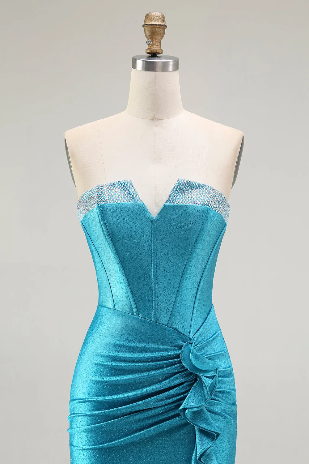Mermaid Strapless Corset Beaded Blue Prom Dress with Ruffle Slit sold by Zapaka product image thumbnail 4