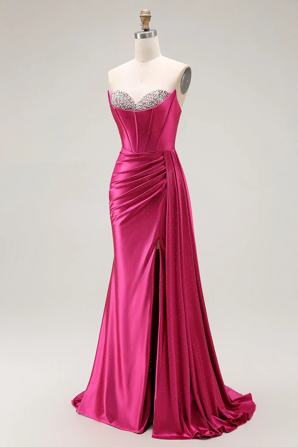 Sparkly Fuchsia Mermaid Sweetheart Beaded Pleated Long Prom Dress with Slit sold by Zapaka product image thumbnail 3