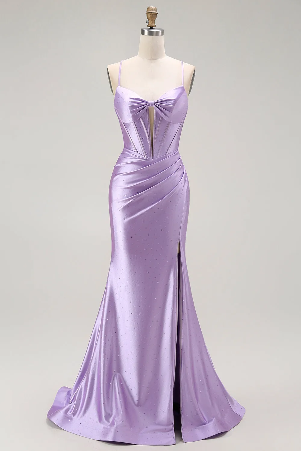 Purple Mermaid Spaghetti Straps Corset Beaded Long Prom Dress with Slit sold by Zapaka