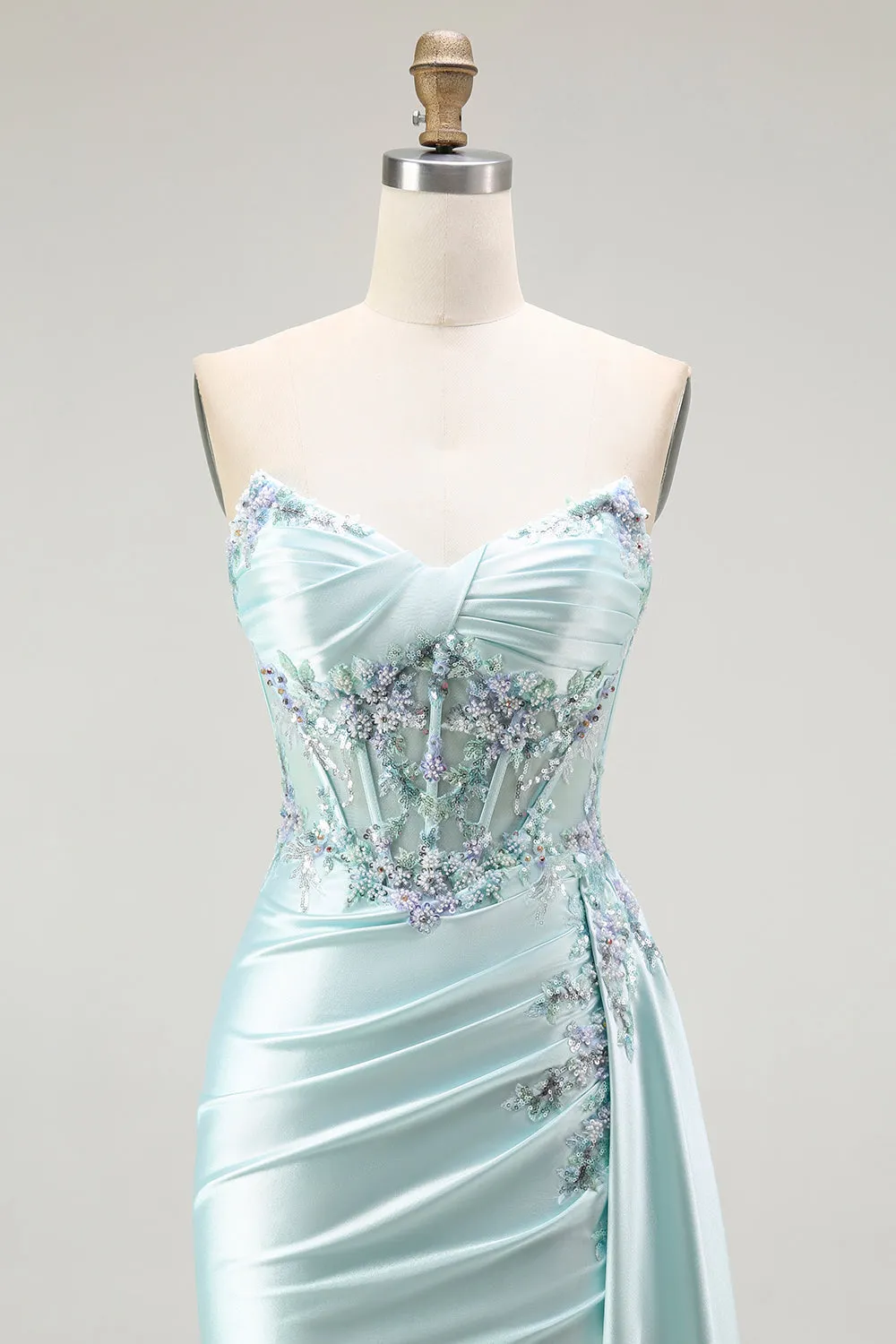 Light Green Mermaid Strapless Corset Beaded Long Prom Dress with Streamer sold by Zapaka product image thumbnail 4