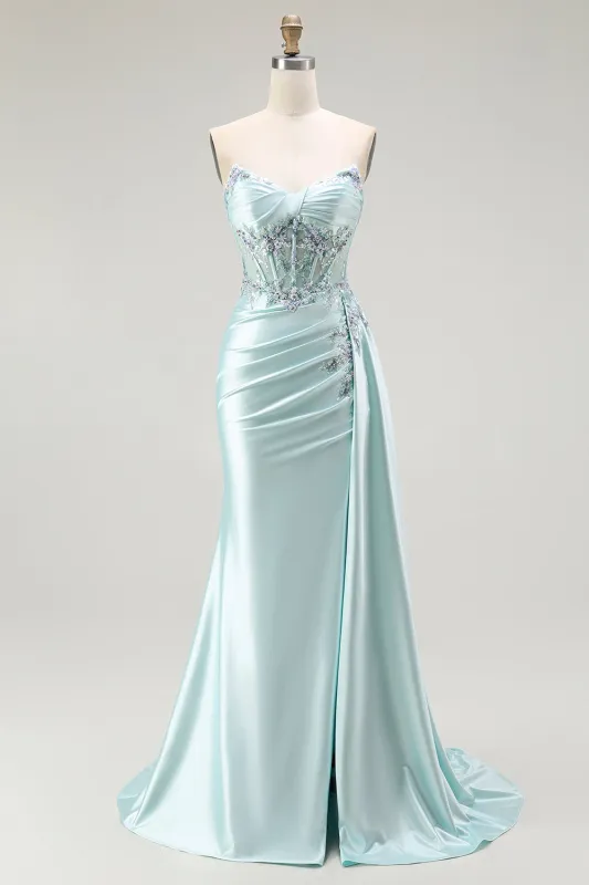 Light Green Mermaid Strapless Corset Beaded Long Prom Dress with Streamer sold by Zapaka