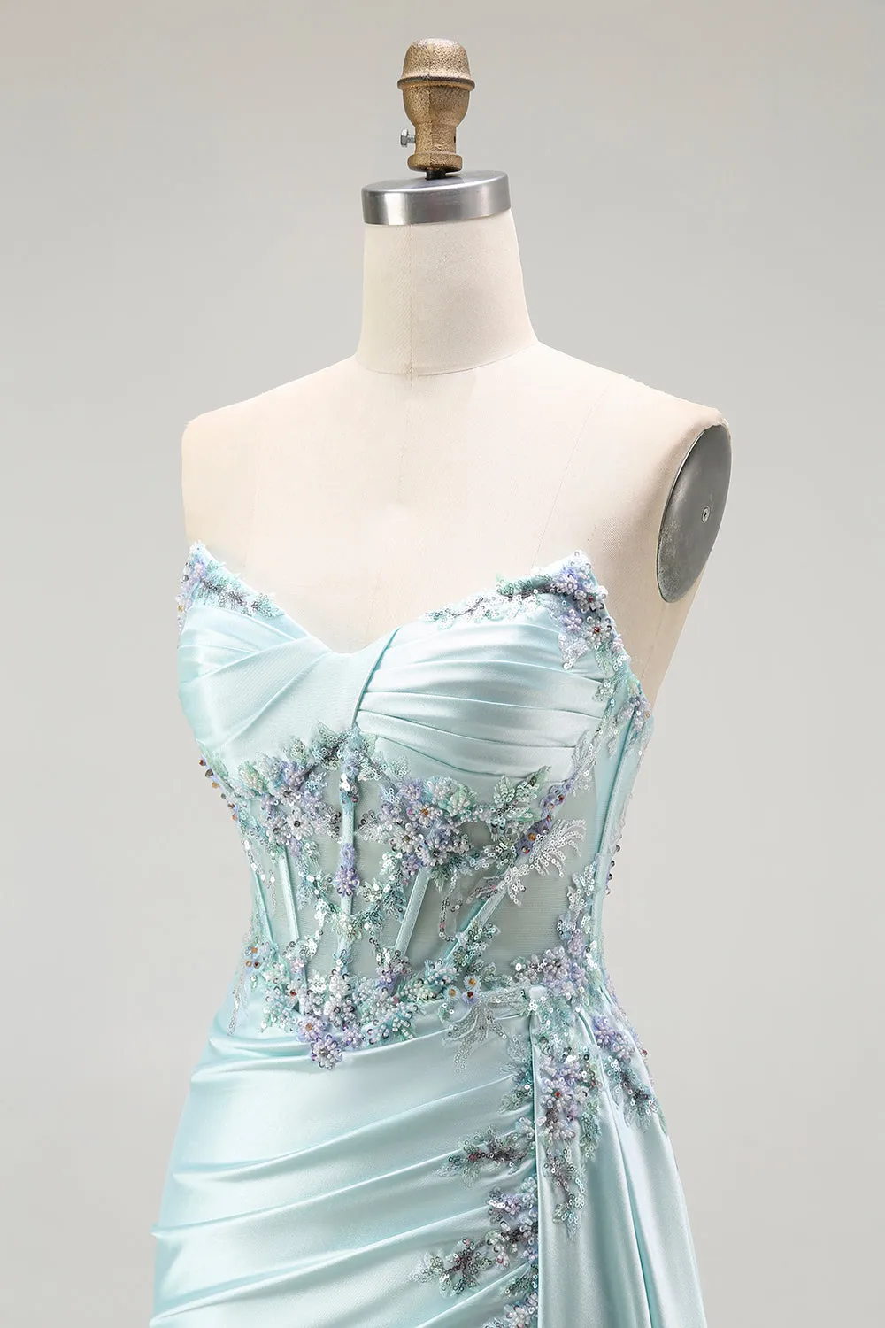 Light Green Mermaid Strapless Corset Beaded Long Prom Dress with Streamer sold by Zapaka product image thumbnail 5