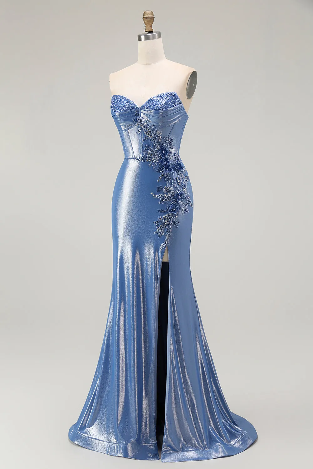 Mermaid Corset Sequins Sweetheart Beaded Blue Prom Dress With Slit sold by Zapaka product image thumbnail 3