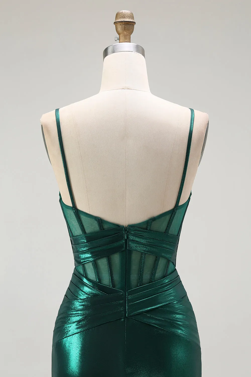 Dark Green Mermaid Metallic Pleated Corset Long Prom Dress with Slit sold by Zapaka product image thumbnail 5