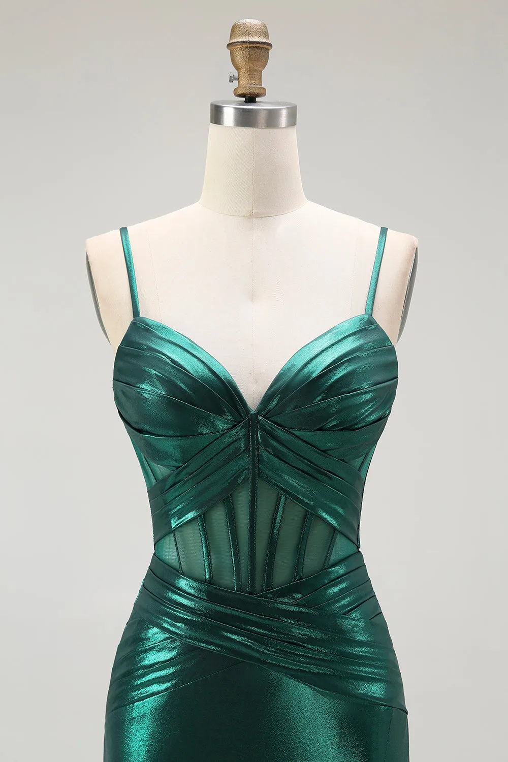 Dark Green Mermaid Metallic Pleated Corset Long Prom Dress with Slit sold by Zapaka product image thumbnail 4