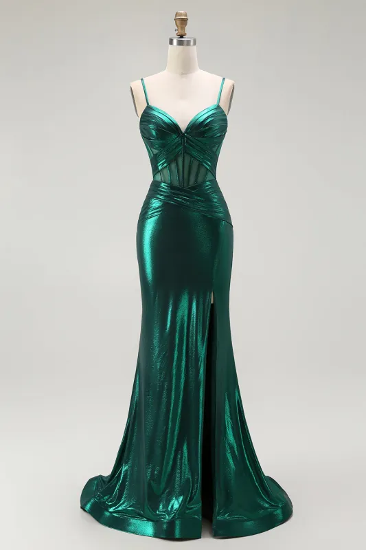 Dark Green Mermaid Metallic Pleated Corset Long Prom Dress with Slit sold by Zapaka