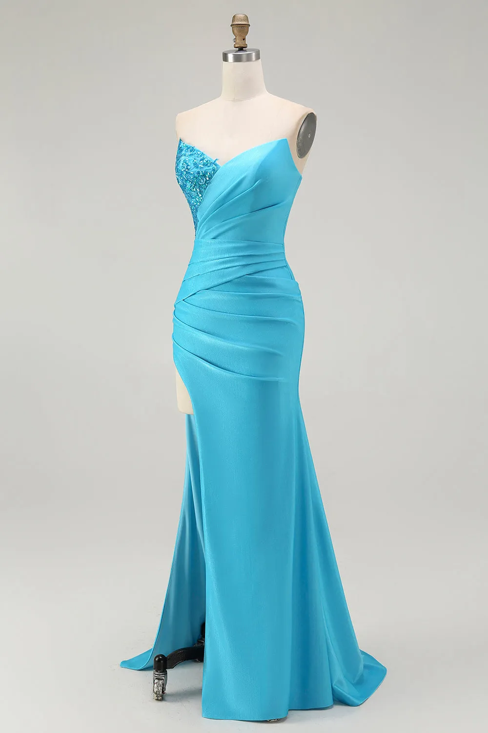 Sparkly Blue Strapless Mermaid Pleated Long Prom Dress with Slit sold by Zapaka product image thumbnail 3