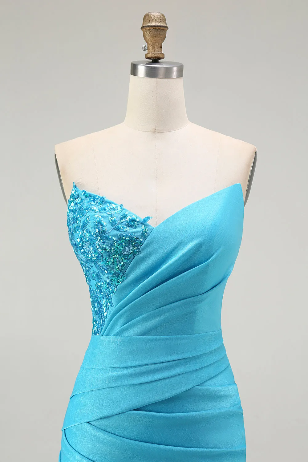 Sparkly Blue Strapless Mermaid Pleated Long Prom Dress with Slit sold by Zapaka product image thumbnail 4