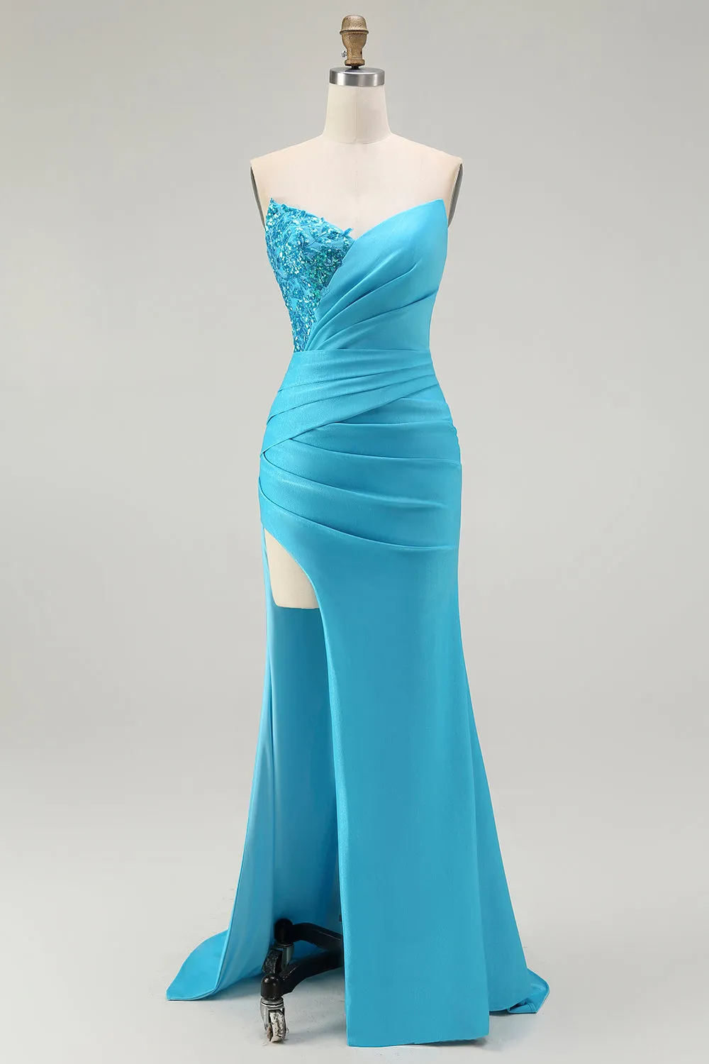 Sparkly Blue Strapless Mermaid Pleated Long Prom Dress with Slit sold by Zapaka