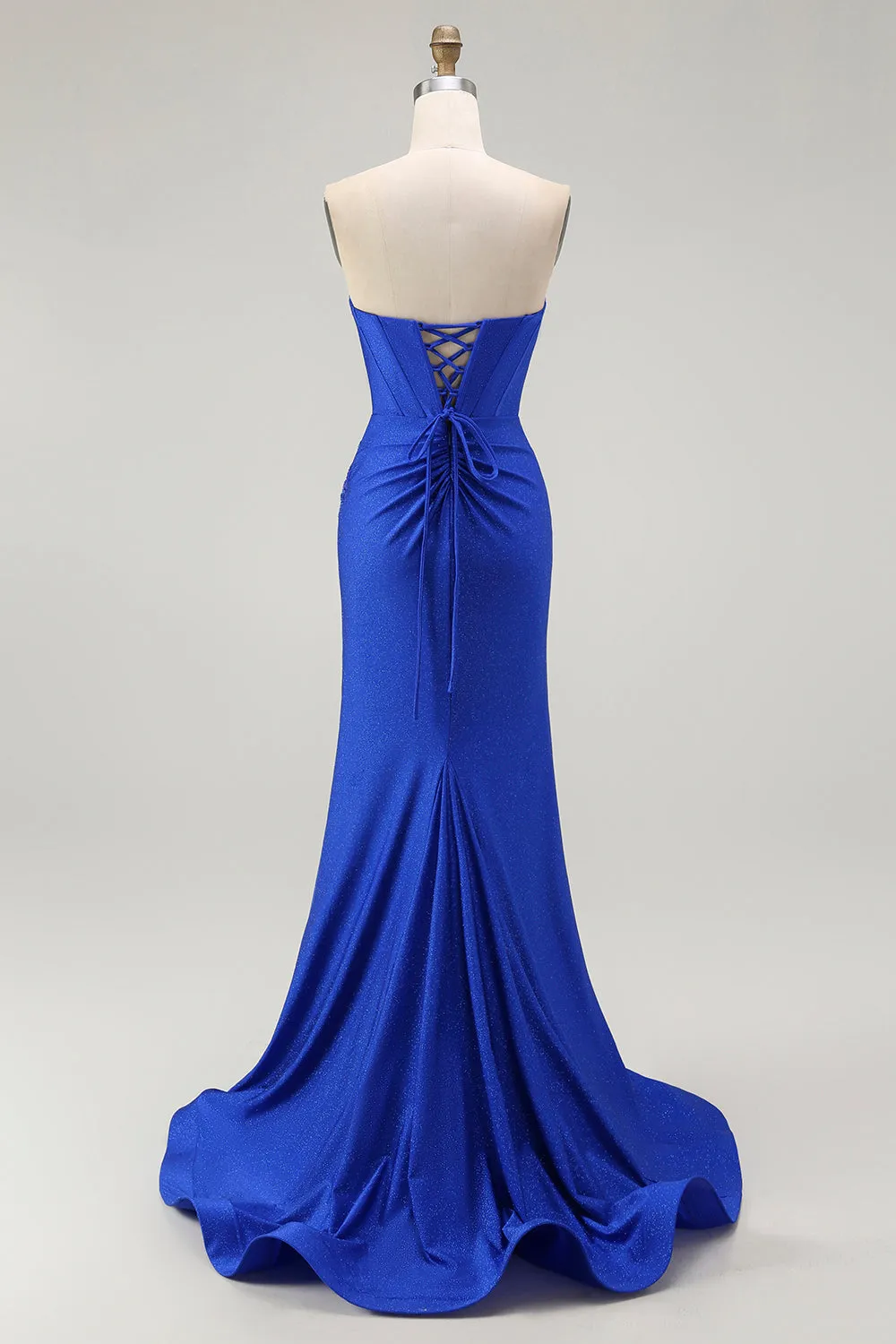Royal Blue Mermaid Strapless Lace Up Back Beaded Long Prom Dress with Slit sold by Zapaka product image thumbnail 2