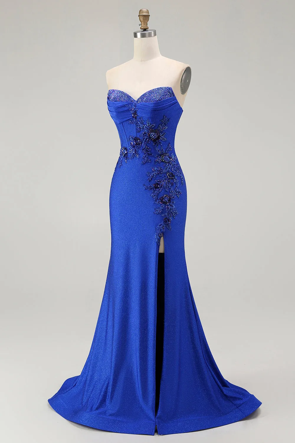 Royal Blue Mermaid Strapless Lace Up Back Beaded Long Prom Dress with Slit sold by Zapaka product image thumbnail 3