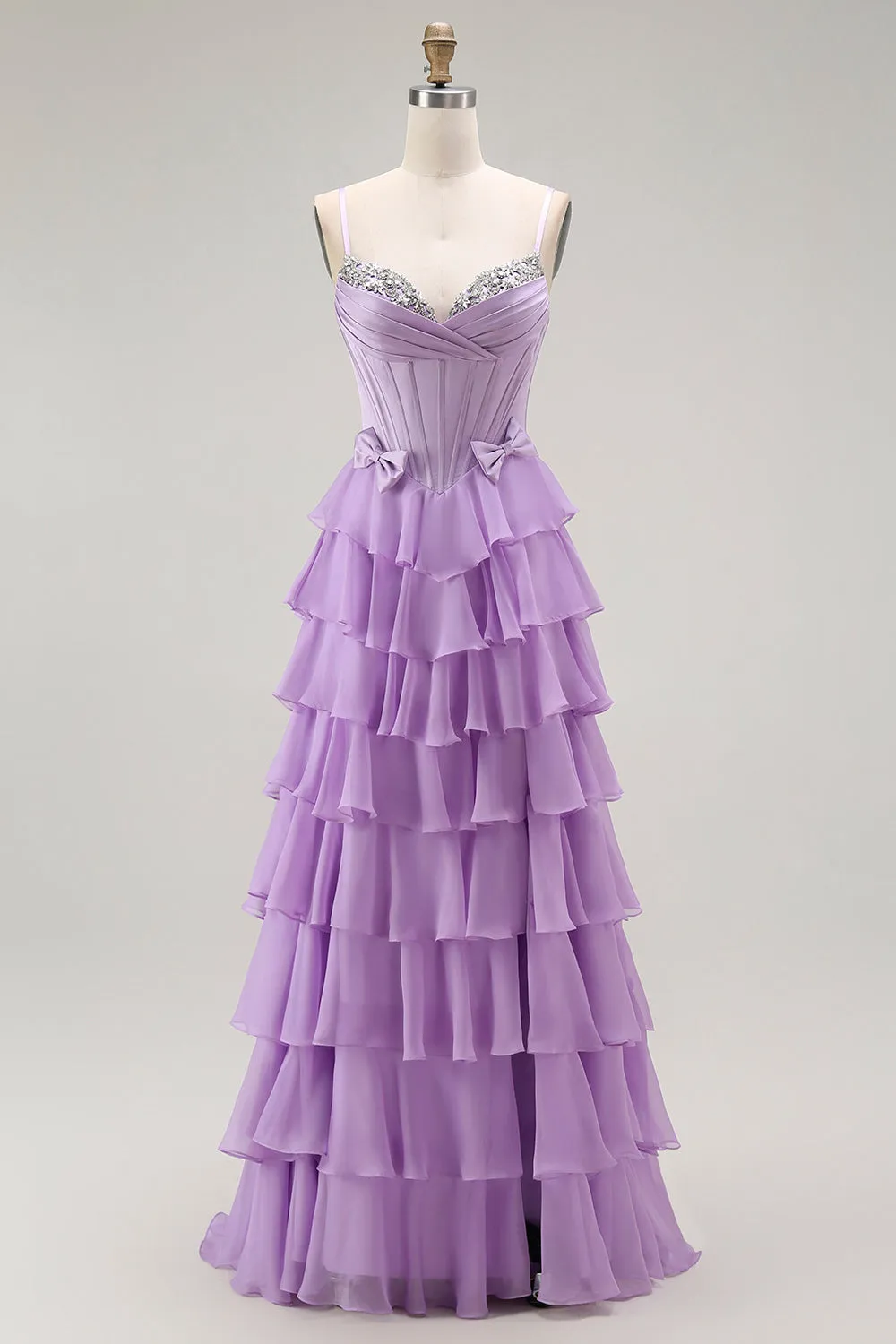 Purple A-Line Beaded Corset Tiered Ruffle Long Prom Dress with Lace Up Back sold by Zapaka