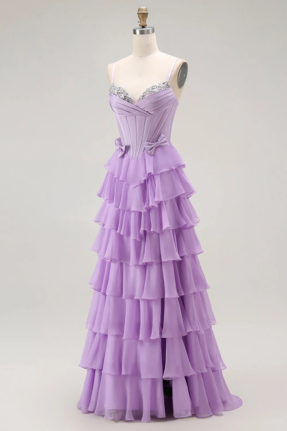 Purple A-Line Beaded Corset Tiered Ruffle Long Prom Dress with Lace Up Back sold by Zapaka product image thumbnail 3