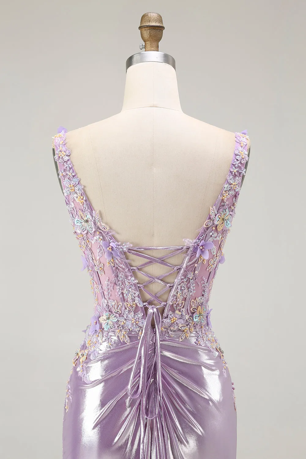 Lilac Mermaid Spaghetti Straps Appliqued Beaded Long Prom Dress with Slit sold by Zapaka product image thumbnail 5