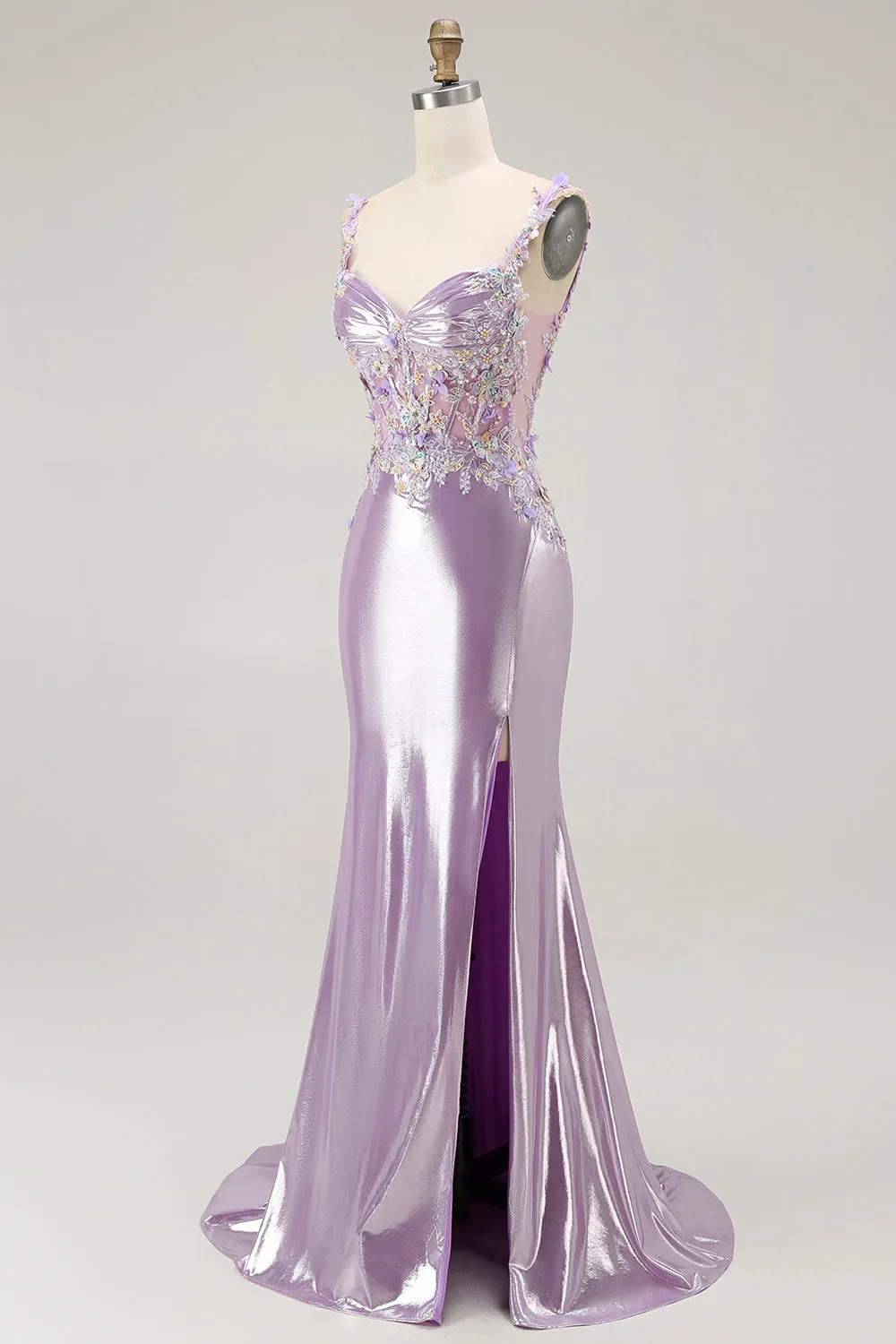 Lilac Mermaid Spaghetti Straps Appliqued Beaded Long Prom Dress with Slit sold by Zapaka product image thumbnail 3