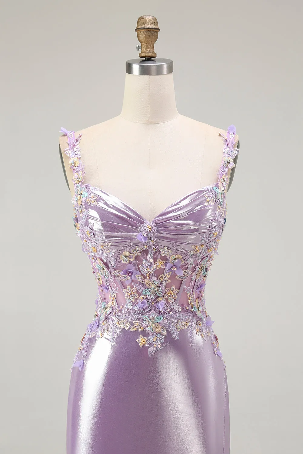 Lilac Mermaid Spaghetti Straps Appliqued Beaded Long Prom Dress with Slit sold by Zapaka product image thumbnail 4