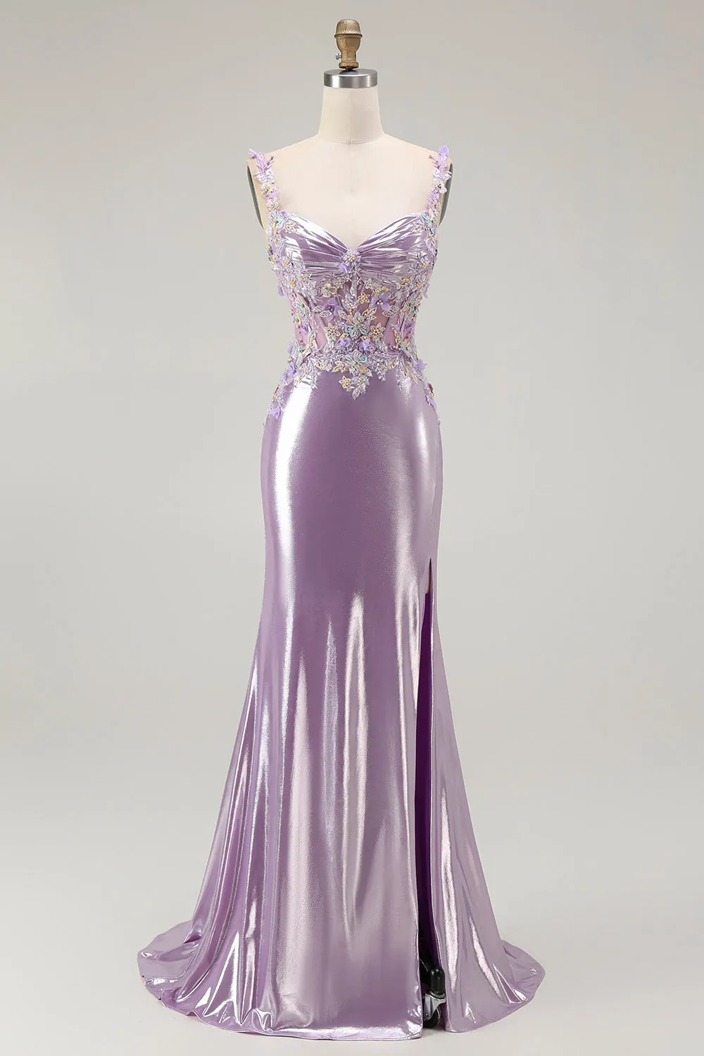 Lilac Mermaid Spaghetti Straps Appliqued Beaded Long Prom Dress with Slit sold by Zapaka