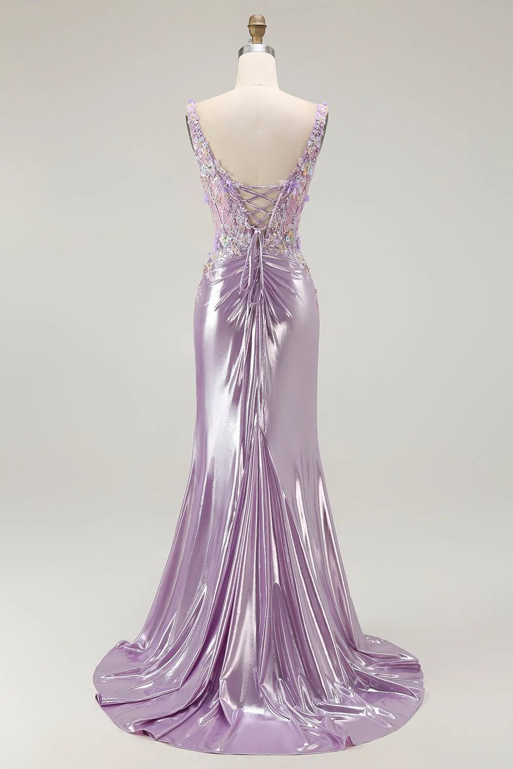 Lilac Mermaid Spaghetti Straps Appliqued Beaded Long Prom Dress with Slit sold by Zapaka product image thumbnail 2