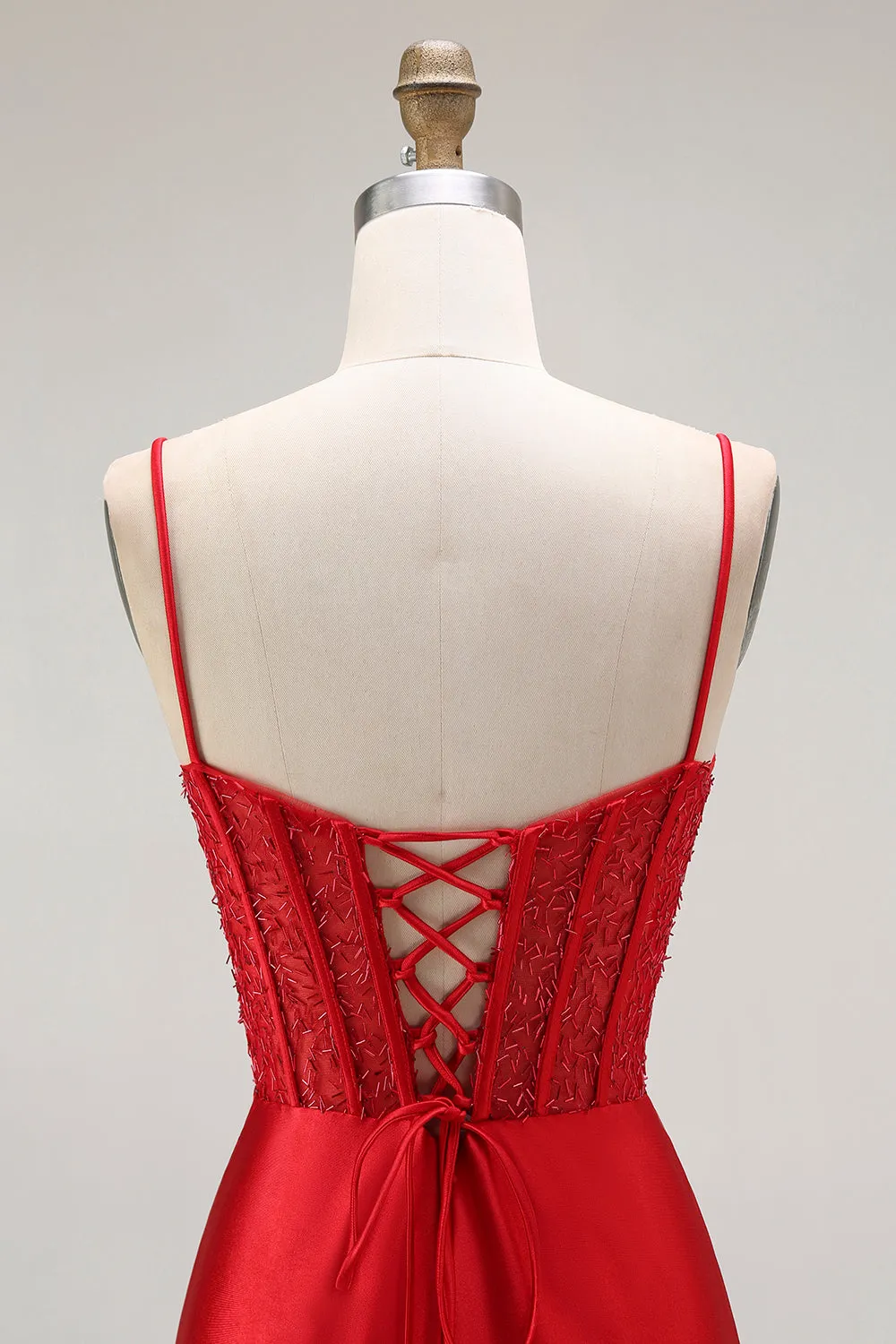 Red Mermaid Spaghetti Straps Corset Pleated Long Prom Dress with Slit sold by Zapaka product image thumbnail 5