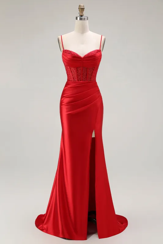 Red Mermaid Spaghetti Straps Corset Pleated Long Prom Dress with Slit sold by Zapaka