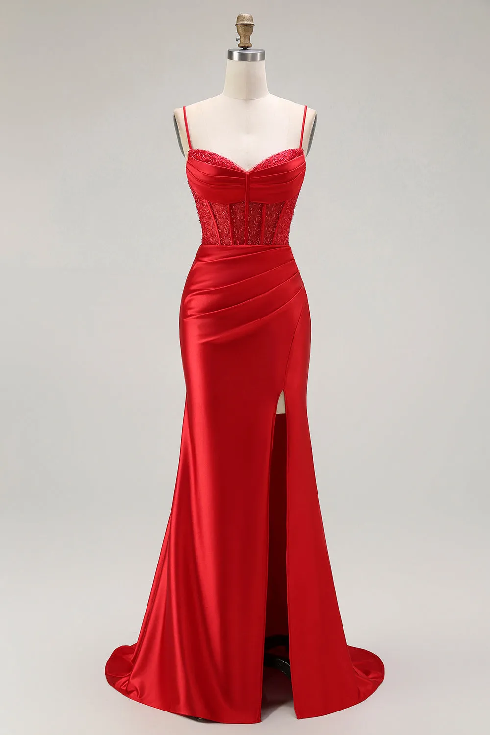 Red Mermaid Spaghetti Straps Corset Pleated Long Prom Dress with Slit sold by Zapaka