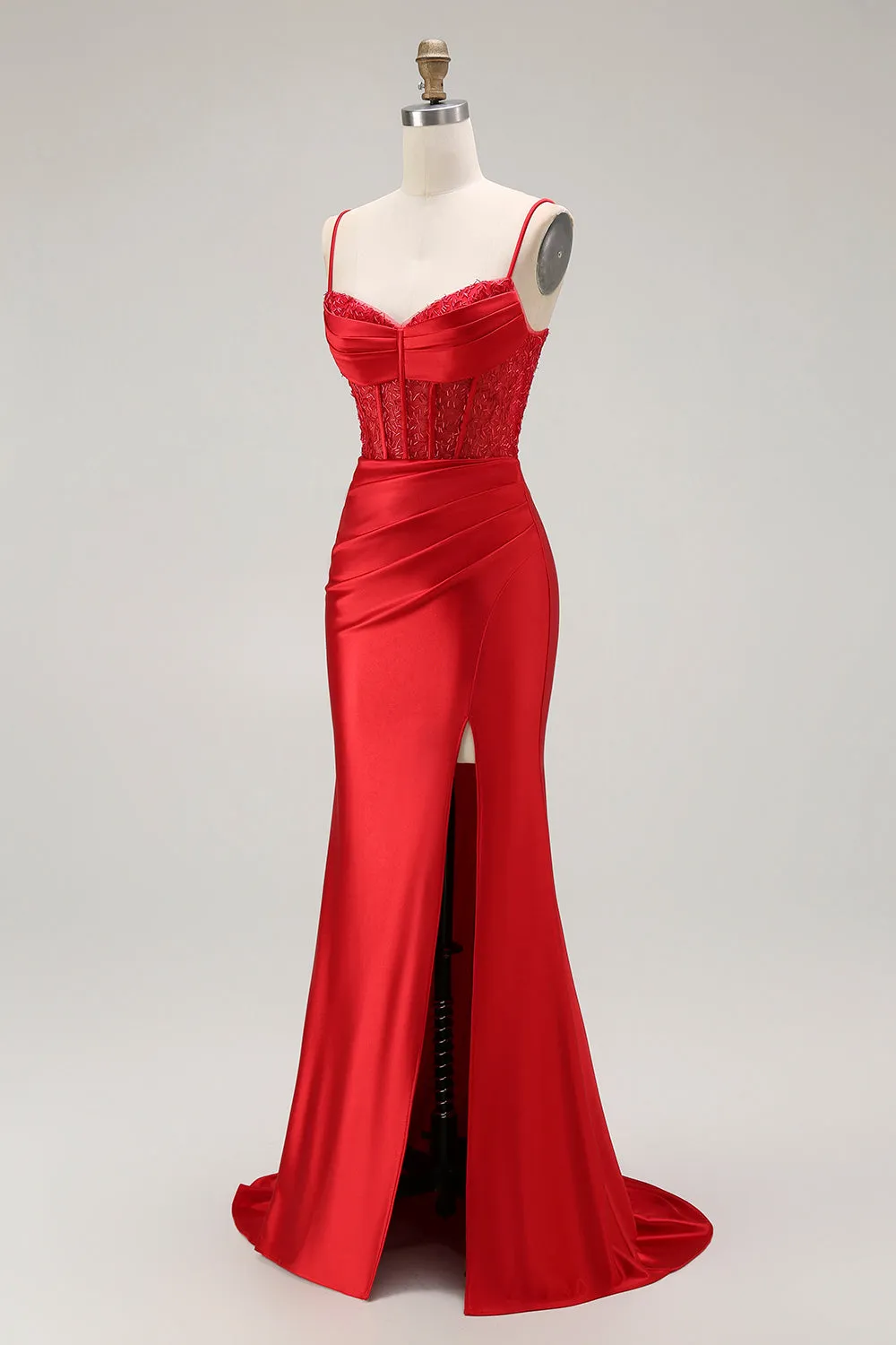 Red Mermaid Spaghetti Straps Corset Pleated Long Prom Dress with Slit sold by Zapaka product image thumbnail 3