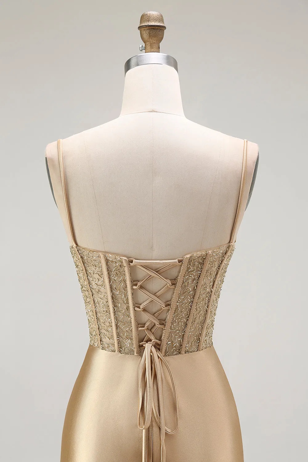 Golden Mermaid Spaghetti Straps Corset Pleated Long Prom Dress with Slit sold by Zapaka product image thumbnail 5